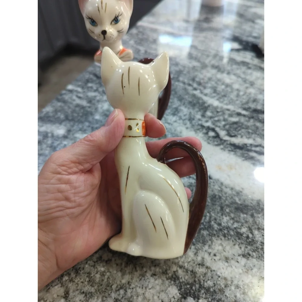 Vintage MCM Pair of Porcelain Cats Kitties Blue Eyes Tall Kitchy Long Tails
